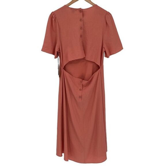 Halogen Linen Blend Button Back Cutout Midi Dress Coral Dusty Women Medium NWT - Picture 4 of 7